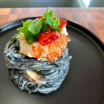 Recipe for Lobster Tonnarelli al Nero with Mushrooms in Garlic Alfredo Sauce