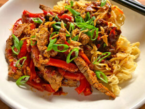 Sichuan Beef Noodle Stir Fry Close Up