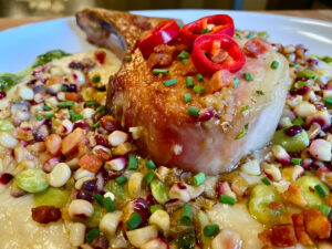 Reverse-Seared Pork Chop with Yellow Corn Grits