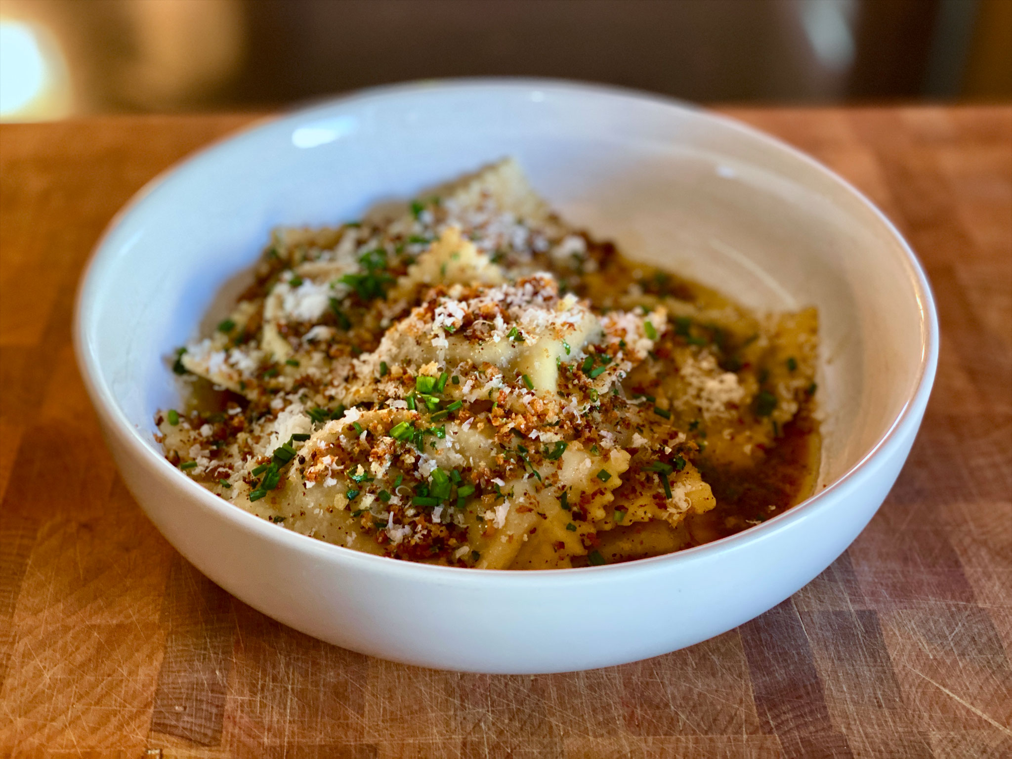 Beef Short Rib Ravioli with Brown Butter, Veal Reduction & Seasoned Breadcrumbs